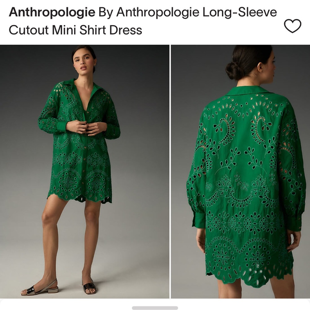 Anthropologie Emerald Green Long-Sleeve Eyelet Cutout Mini Dress